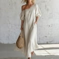 thumbnail image 6 of Karymi One Shoulder Maxi Dress, Casual Off Shoulder Puff Sleeve Solid Flowy Dress with Pockets, Summer Loose Beach Cover-Up Dress Dresses for Women, 6 of 8