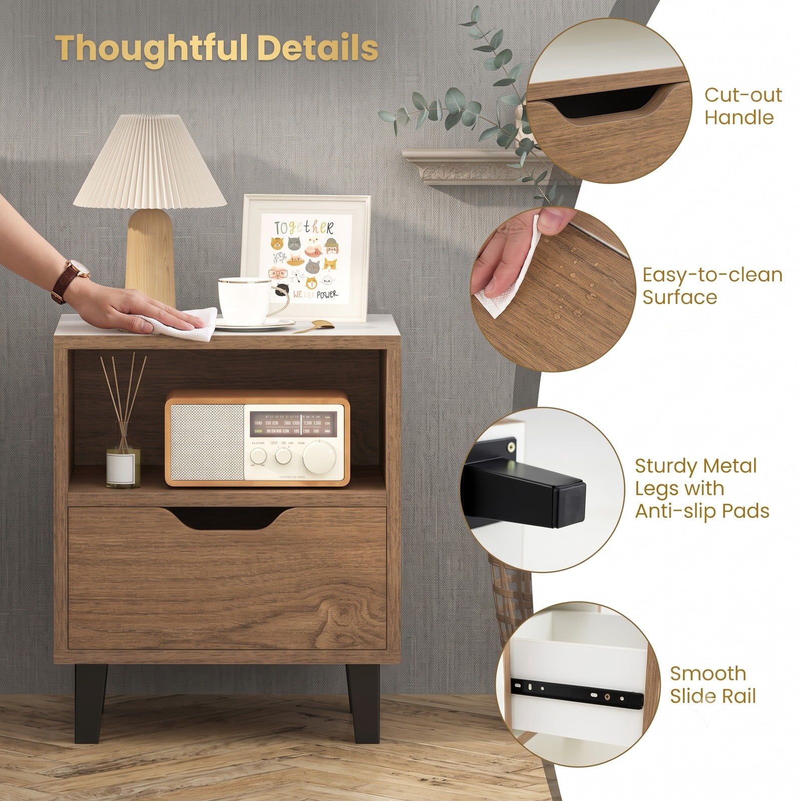 Furnibear Nightstand Set of 2 with Drawer and Open Storage Shelf for Bedroom Living Room and Small Spaces, White and Natural