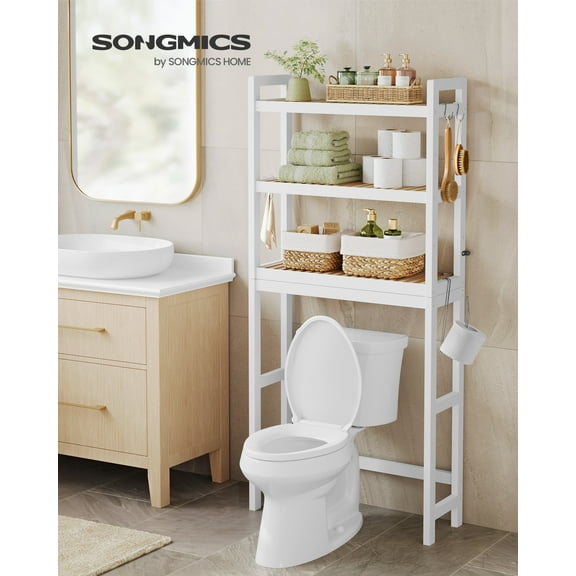 SONGMICS Mueble para Inodoro, Estante sobre Inodoro, Estantería de 3 Niveles, Estante Ajustable, Blanco Nube y Beige Natural