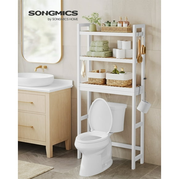 SONGMICS Mueble para Inodoro, Estante sobre Inodoro, Estantería de 3 Niveles, Estante Ajustable, Blanco Nube y Beige Natural