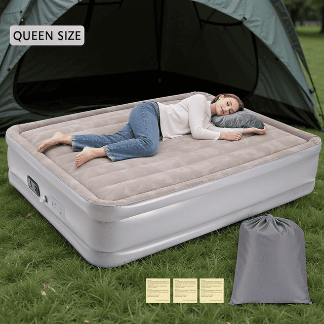 Queen Air Mattress, 18'' Raised Inflatable Bed with Built-In Electric Pump, Quick Blow Up Mattresses for Camping, Portable Bed for Home & Guests, Gray
