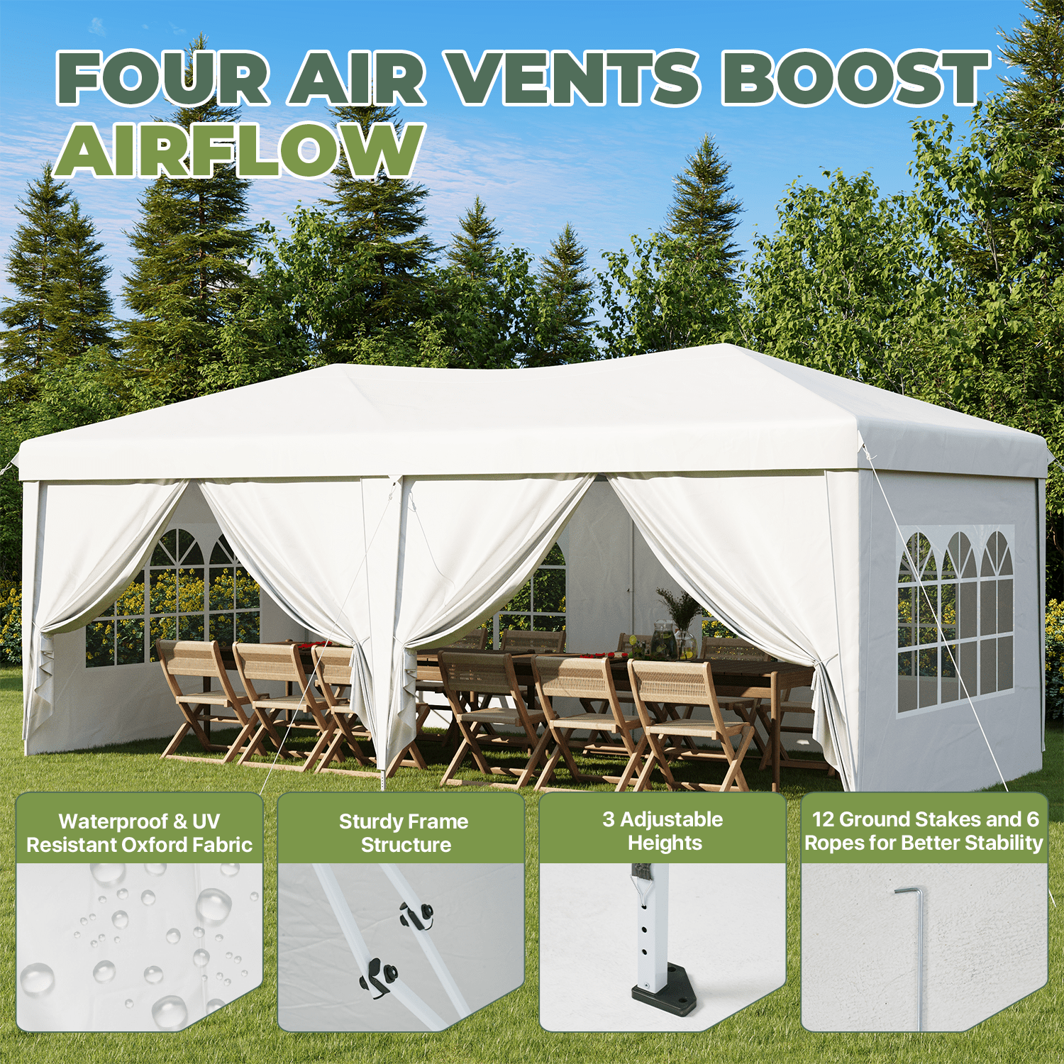 BaPiPro 10'x20' Party Tent with 6 Removable Sidewalls, Waterproof Outdoor Canopy Tent, Easy Setup, Height Adjustable Portable Event Tent for Parties, Wedding, White