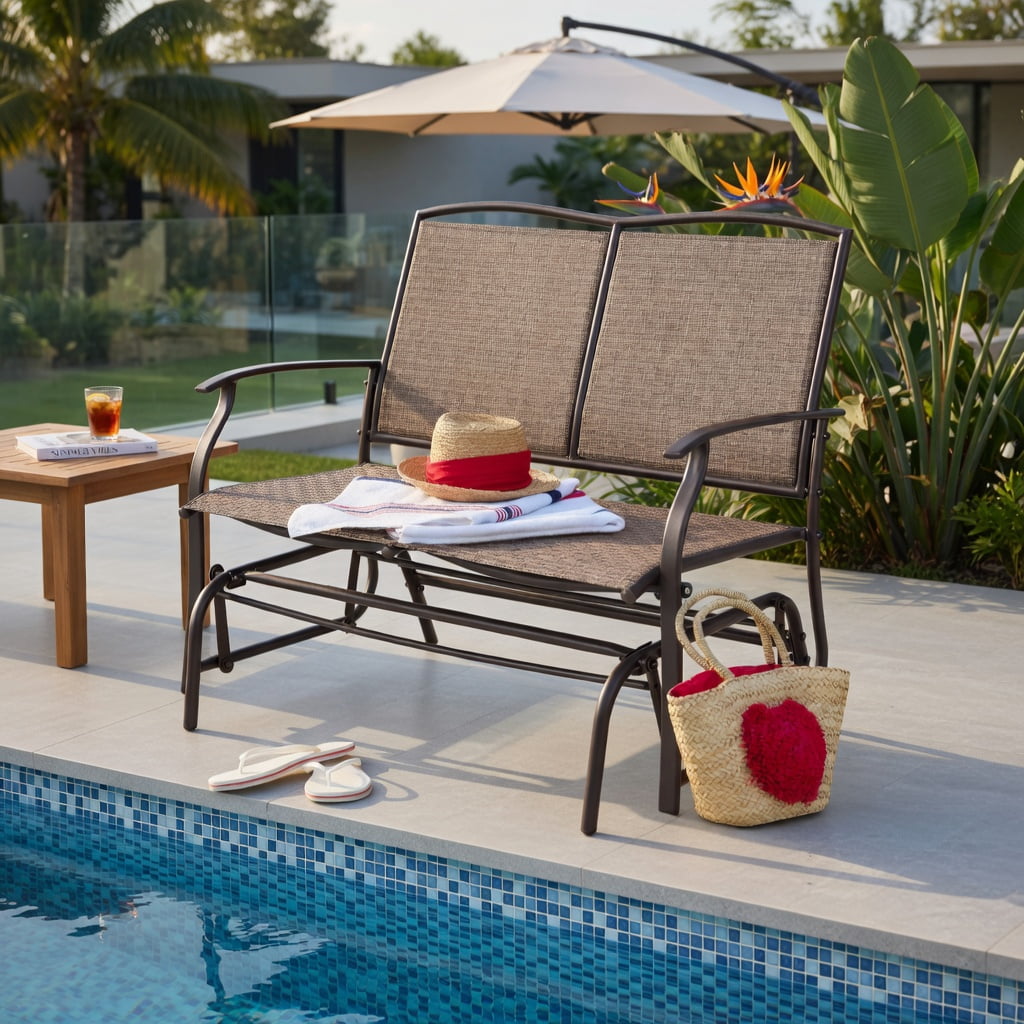 Hommoo Outdoor Steel Rocking Loveseat Chair, Textilene Seat, Backyard & Patio Relaxation Furniture, Brown