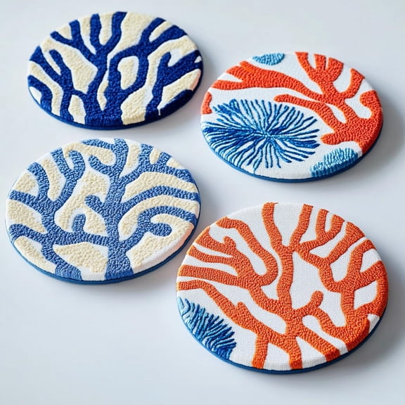 4 Set DIY Punch Needle Coaster Kits Sea Corals Easy for Beginners with Adhesive Felt Hoop Punch Needle Embroidery Starter Set with Pattern for Drink Cups Mat Home Decor-1