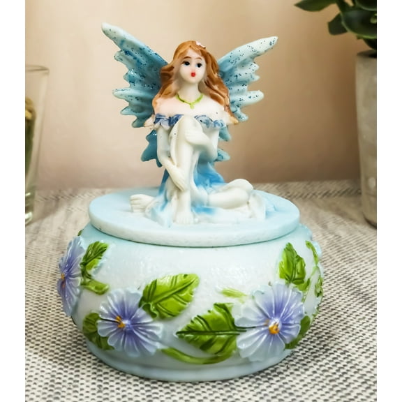 Blue Lily Flora Fairy Garden Fae Small Round Trinket Jewelry Box Figurine 3.25"H