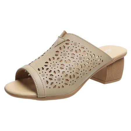 

sandals for Women Ladies Fashion Summer Solid Color Hollow Carved Thick High Heel Retro Sandals PVC heeled sandals Khaki