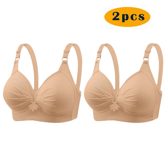 Amidoa Wire-Free Bras for Older Women Heavy Breast Full-Figure Beige Solid 2 Pcs Bras Brasiers Women L
