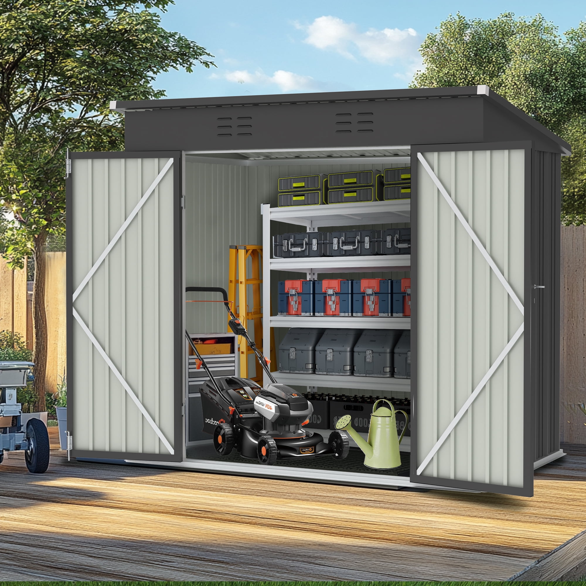 Sesslife 6' x 4' Outdoor Storage Shed, Patio Galvanized Steel Metal Shed with Sliding Doors, Garden Shed with Vents for Tools, Lawn Mover, Bike, Black