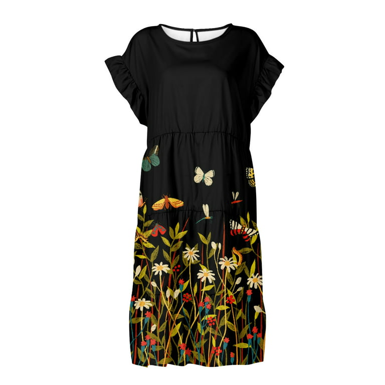 BEEYASO Clearance Summer Dresses for Women Sleeveless Mini Fashion Printed  Round Neckline Dress Black 2XL 
