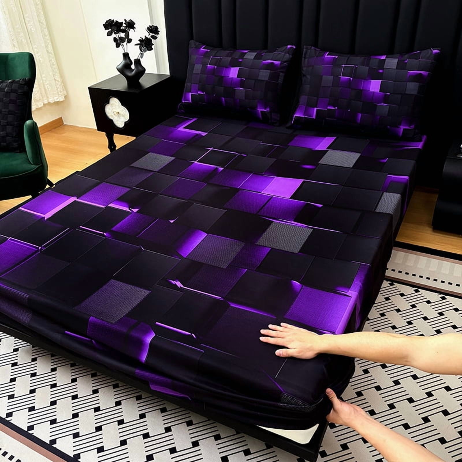 3PCS Fitted Sheet Set, Deep Pocket, Tech Grid Pattern, Soft, For Bedroom & Dorm(Purple,Twin)