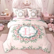 jejeloiu Kawaii Flowers Blossom 7pcs Bedding Comforter Set,Happy Valentine'S Day Queen Bedding Sets,First Letter L Queen Sheet Sets For Girls,Super Cozy Room Decor Reversible