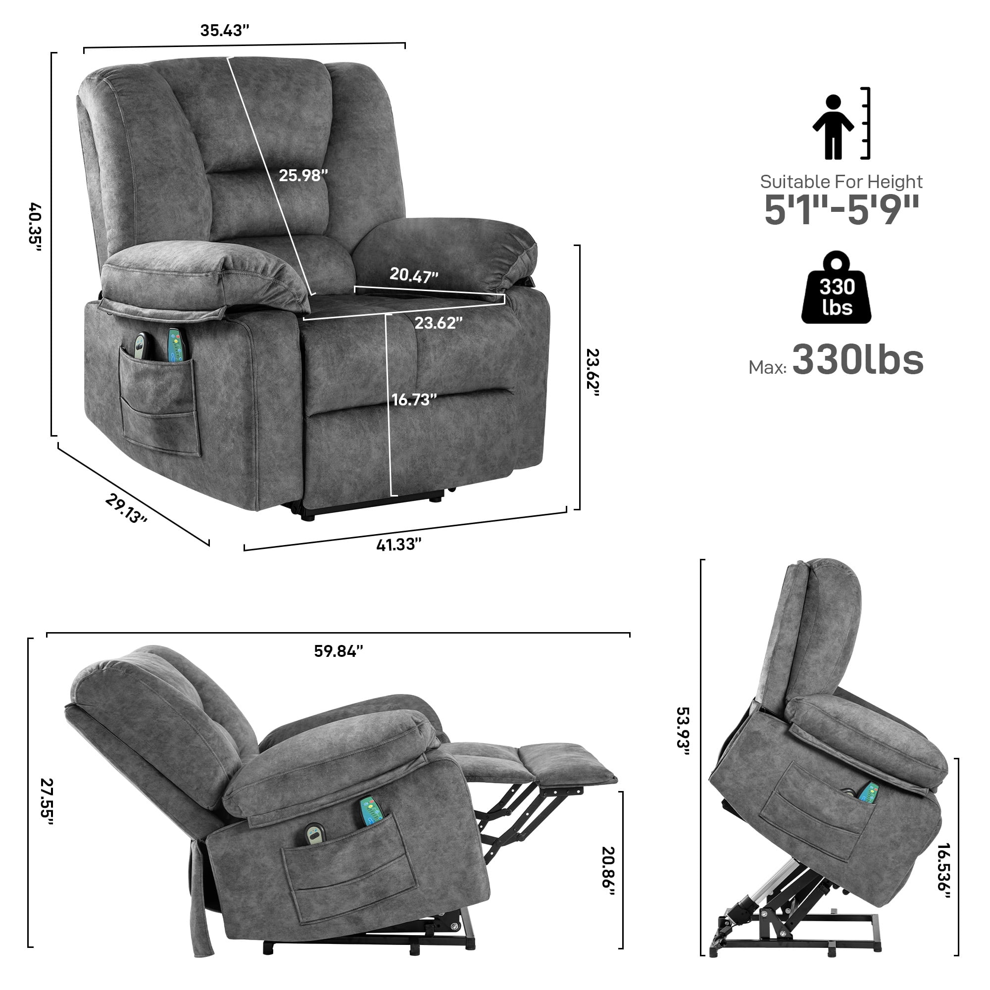 Aukfa Power Lift Recliner Chair with Massage for Elderly,Velvet,Gray