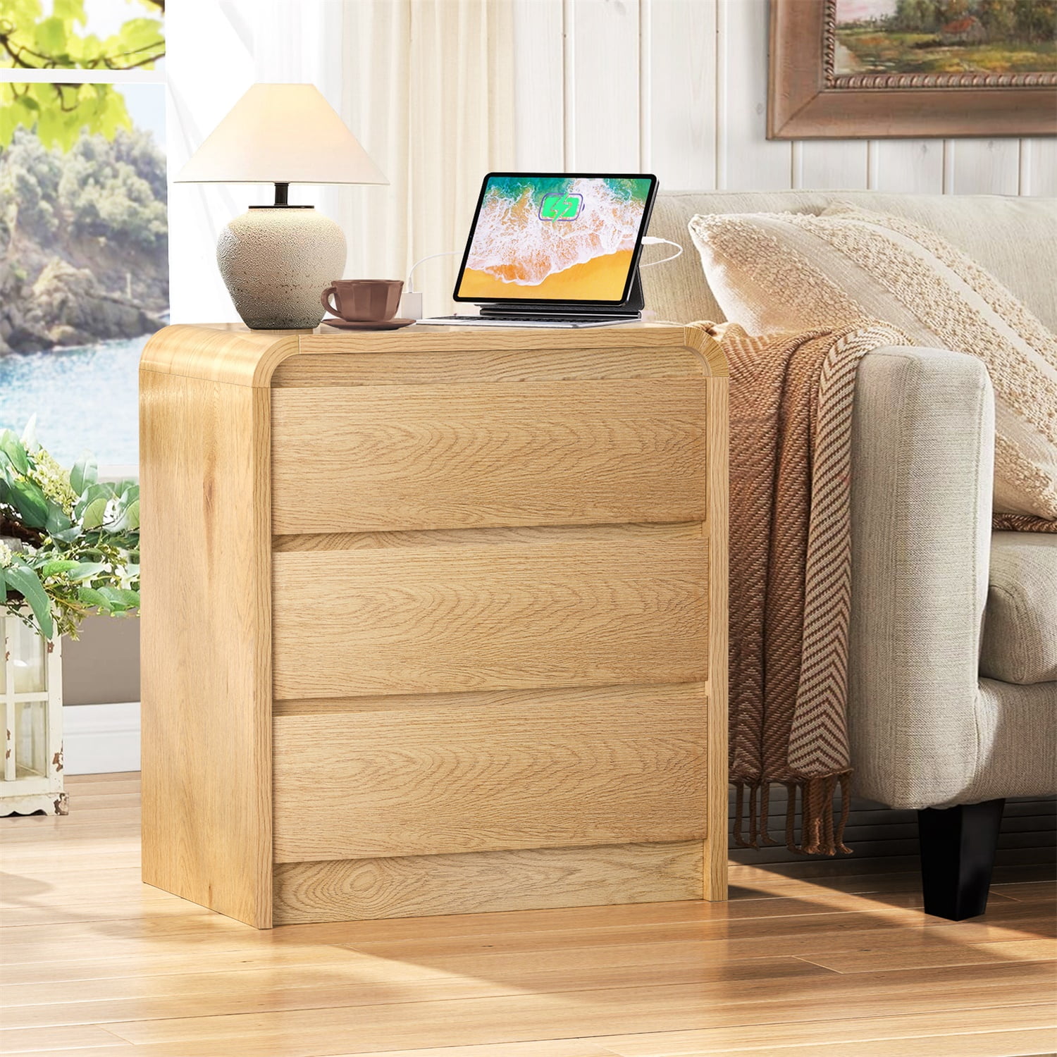 Hommoo Modern 25" Wood Nightstand with Built-in Charging Station, 3-Drawer Mid-Century Bedside Table with 2 AC Outlets & 2 USB Ports, Natural