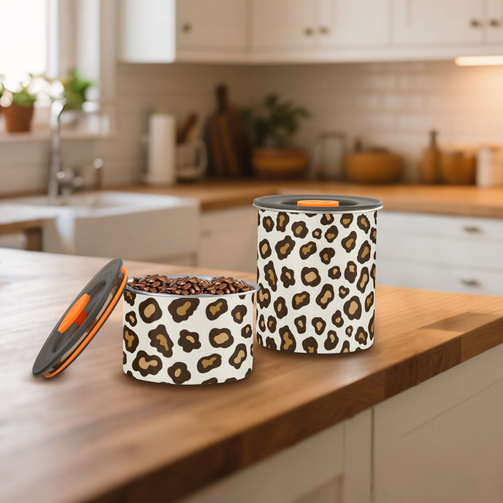 Leopard White & Brown Cheetah Print Airtight Coffee Bean Canister 30oz Food Storage Containers with Lids For Gournd, Tea, Sugar, Flour, Rice, Cereal, Candy Cookie Jar