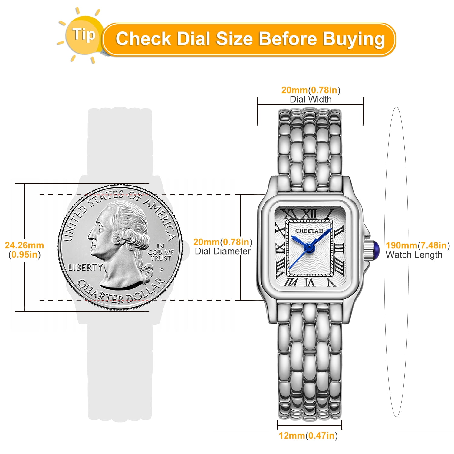 CHEETAH Watches for Women with Small Vintage Bracelet, Rectangular Case Roman Dial