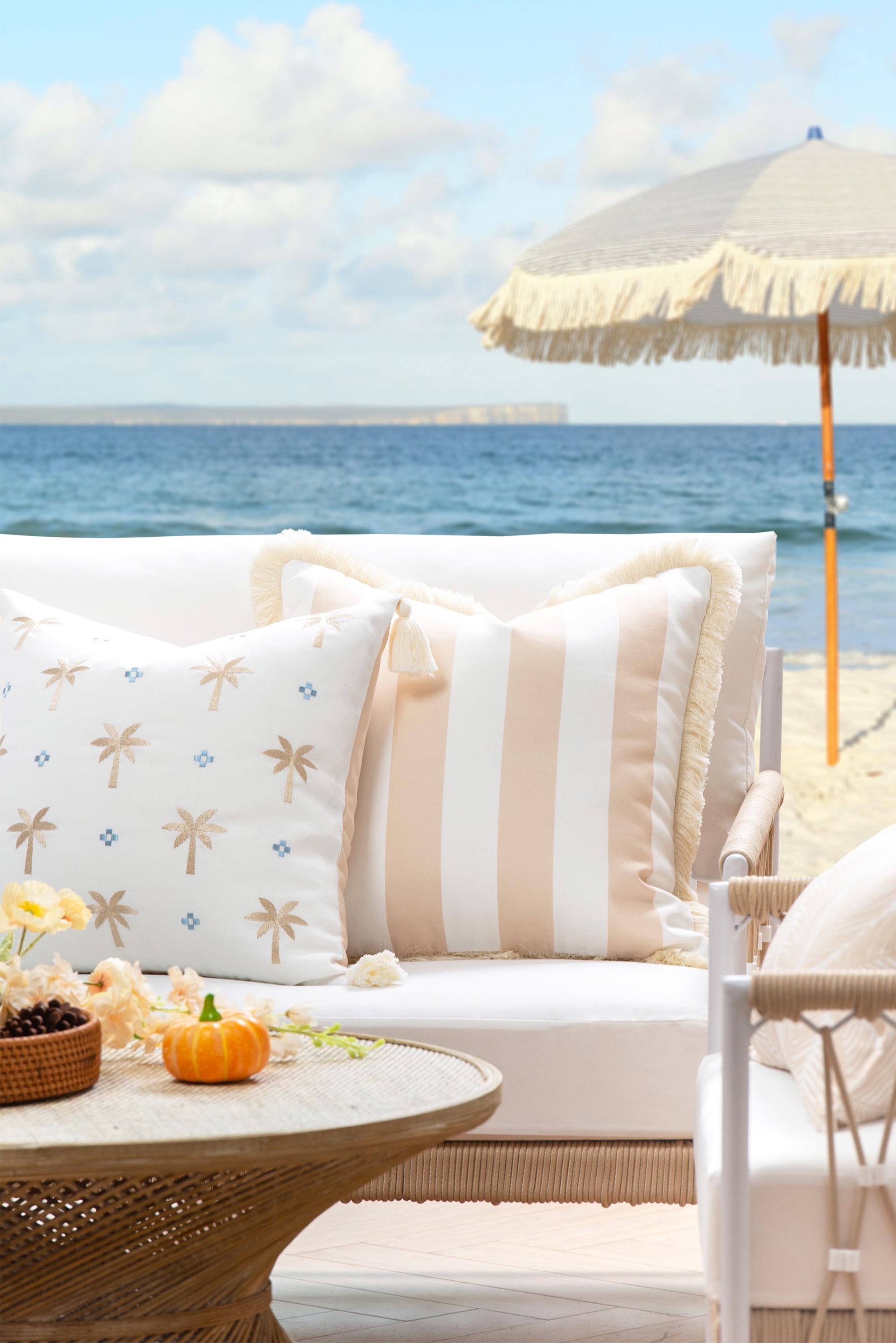 Hofdeco Premium Fall Coastal Patio Indoor Outdoor Pillow Cover Only, 20"x20" Water Repellent for Backyard, Couch, Neutral Tan Stripe Fringe