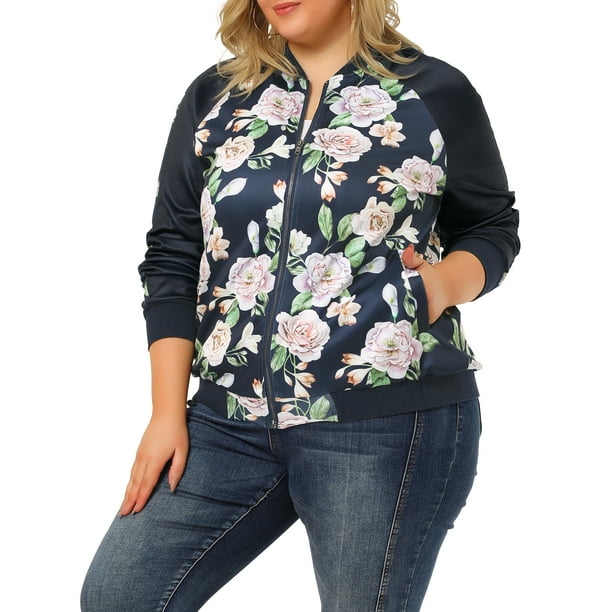 Agnes Orinda Women's Plus Size Floral Raglan Long Sleeve Zip Letterman  Bomber Jacket
