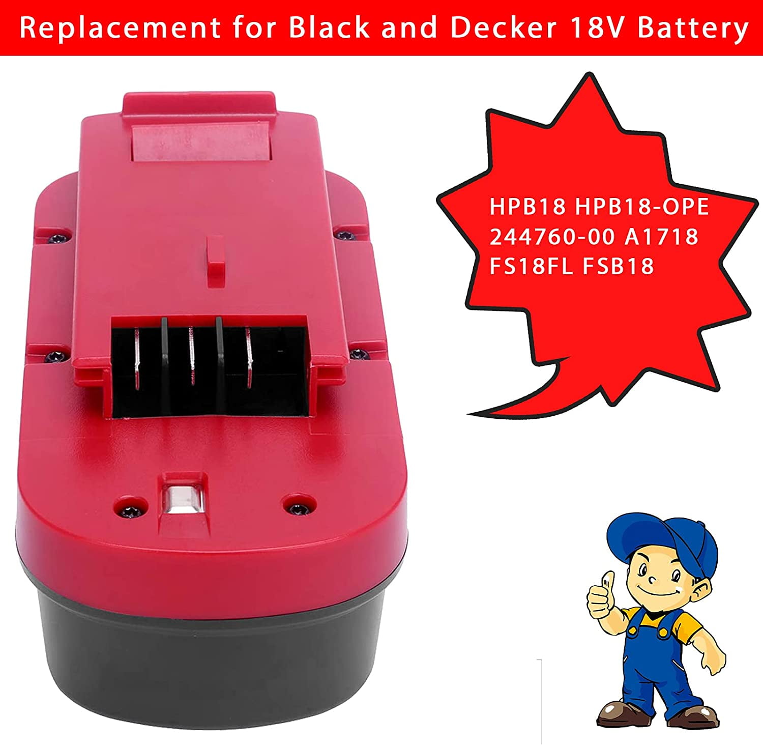 Upgraded to 6800mAh】HPB18 Battery Compatible with Black and Decker 18V  Battery Ni-Mh HPB18-OPE FSB18 A1718 Tools Battery