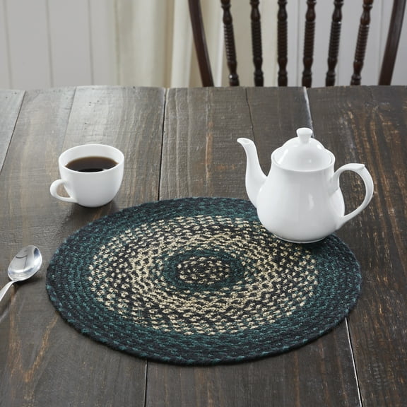 VHC Brands Pine Grove, Braided Jute Mat Trivet Placemat, Round, Green, 15 inch