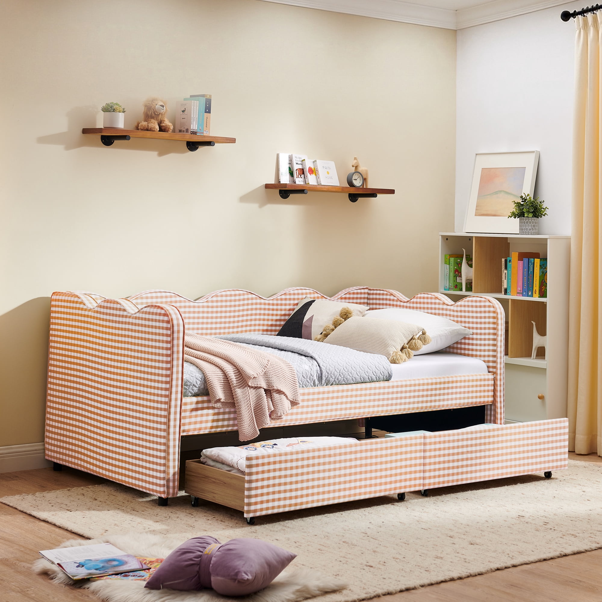 Leumius Twin Size Gingham Daybed with Storage Drawers,Modern Linen Daybed with USB Ports & Wave Shaped,Upholstered Day Bed Frame Sofa Bed for Living Room/Bedroom/Guest Room,Pink