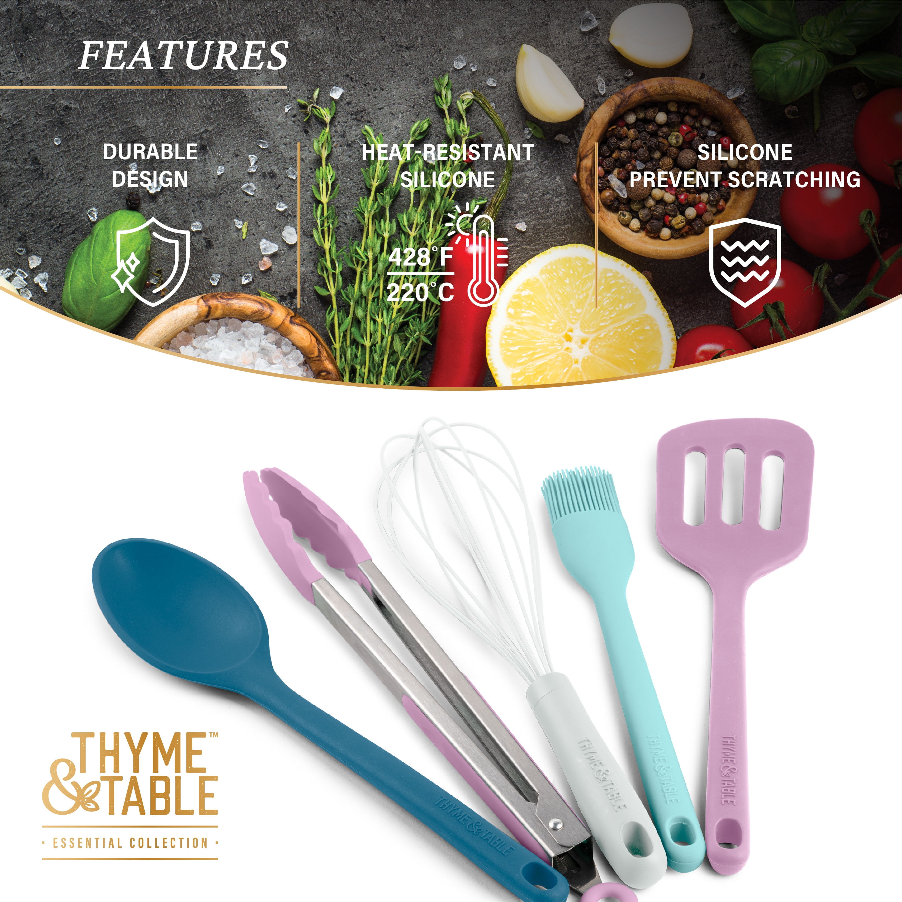 Thyme & Table Food Safe Heat Resistant Silicone Tongs, Blue