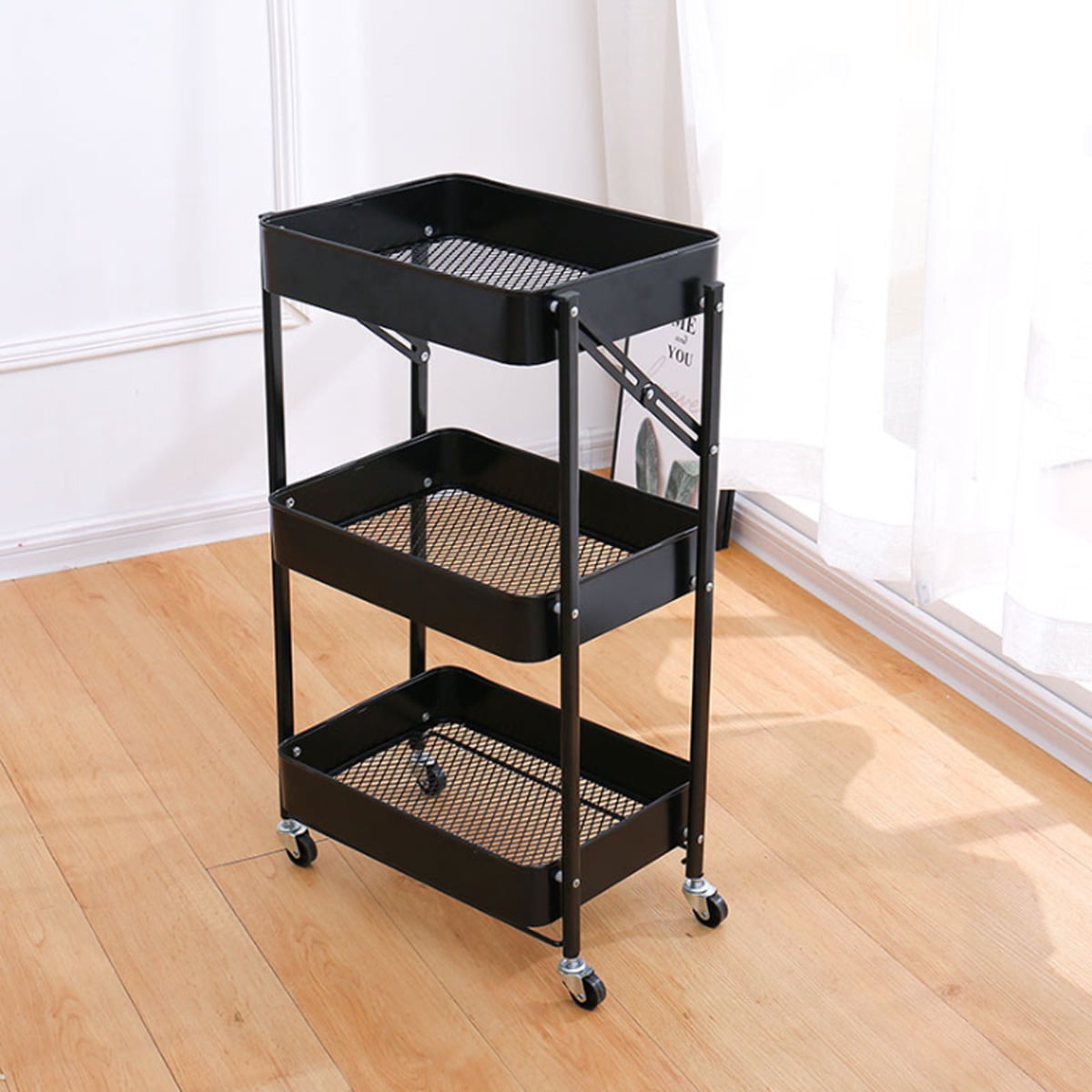 3 Tier Rolling Cart Foldable Rolling Storage Cart Utility Cart Metal Heavy Duty for Kitchen