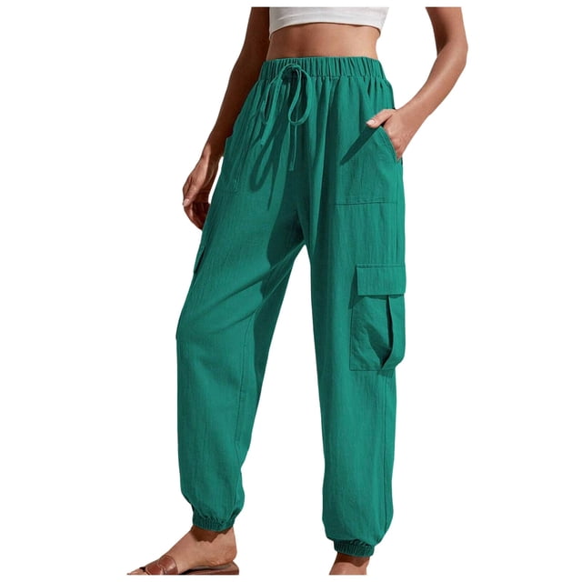 Women's High Waist Cargo Pants - Drawstring Hem, Side Pockets, Polyester, Casual Summer Trousers, S-XL Sizes