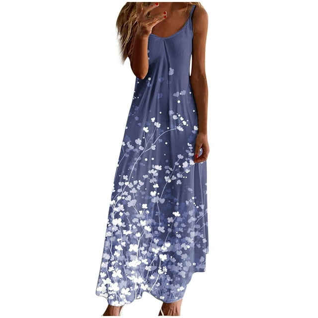 Vestidos de Verano con Cuello en V para las Mujeres 2025 Imprimir Vestido de Cuello Redondo sin Mangas Vestidos Largos Casuales, Ligeros Y de Moda