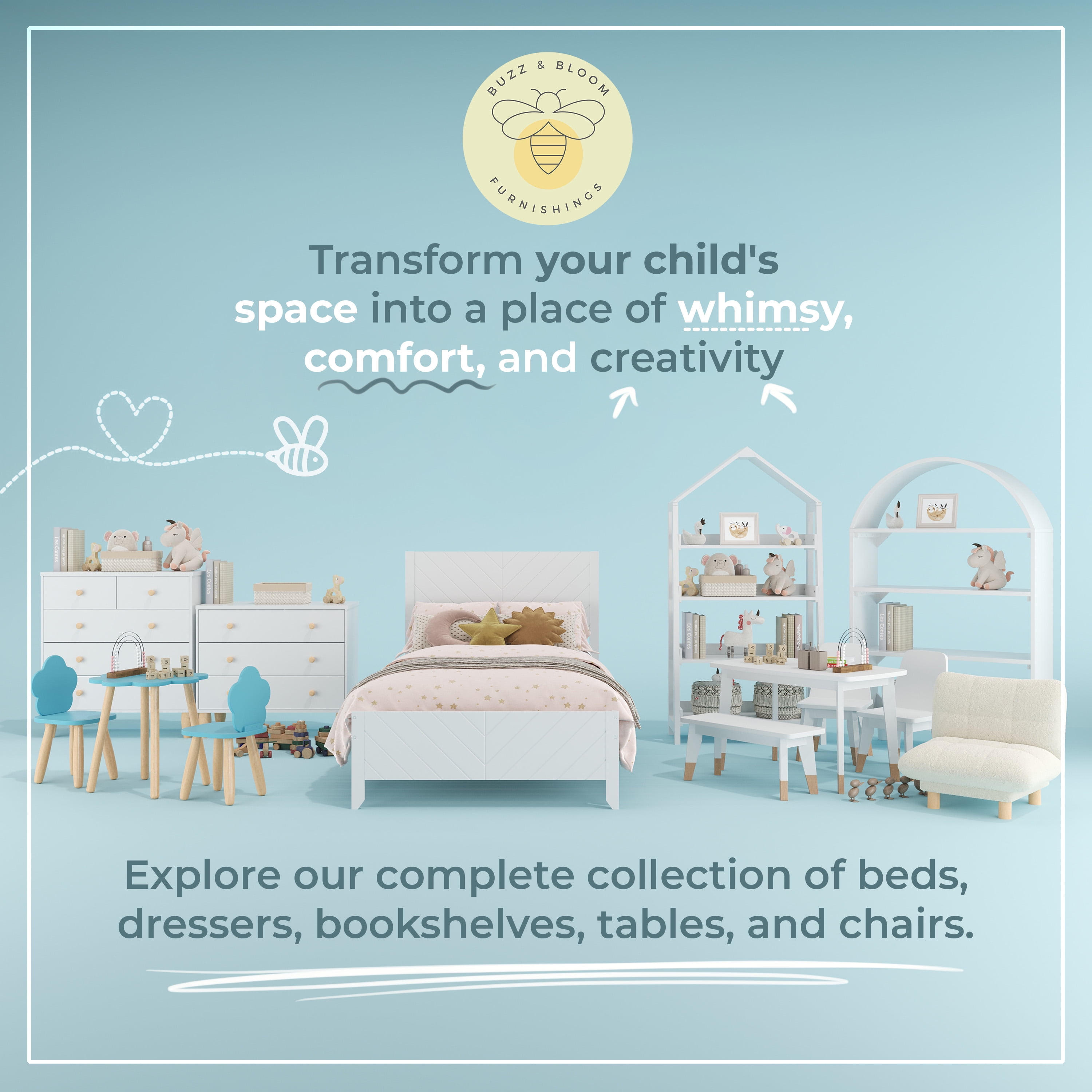 Buzz & Bloom Kids 3-Piece Wooden Cloud-Shaped Table and Chairs Set, Blue/Natural