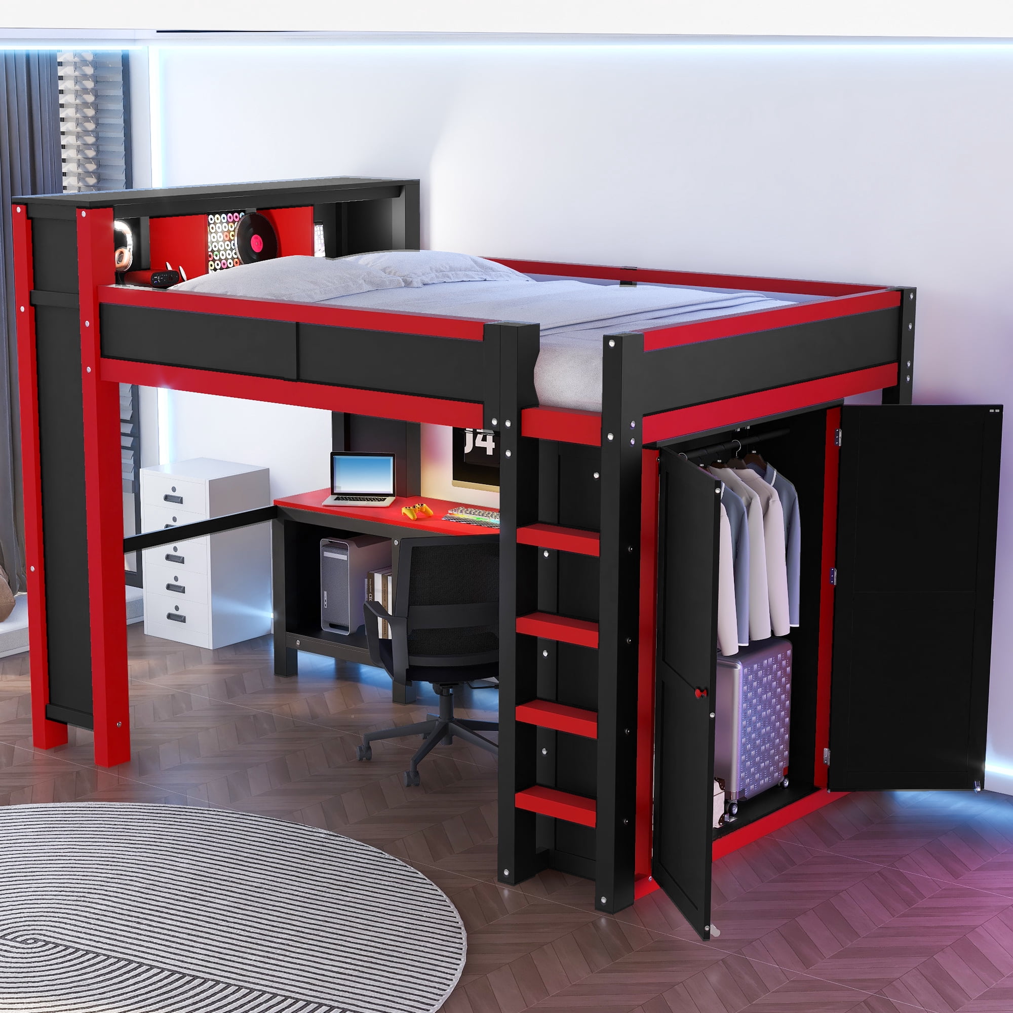 Euroco Wood Queen Size Loft Bed with Desk and Wardrobe, Gaming Bed with USB Ports,Black & Red