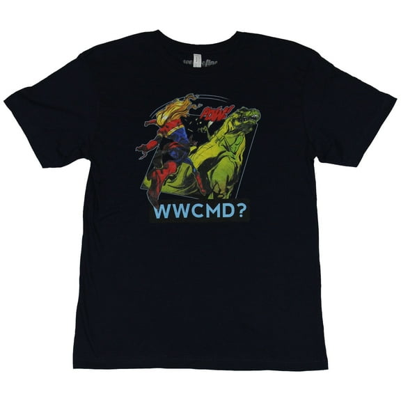 Captain Marvel (Marvel Comics) Mens T-Shirt -  WWCMD? Dino Punching Acton Image (Medium)