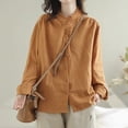 thumbnail image 6 of YUEHUA Women's Linen Blend Ruffle Trim Button Up Shirt, High Neck Long Sleeve Loose Fit Blouse, Vintage Style Casual Top, 6 of 7