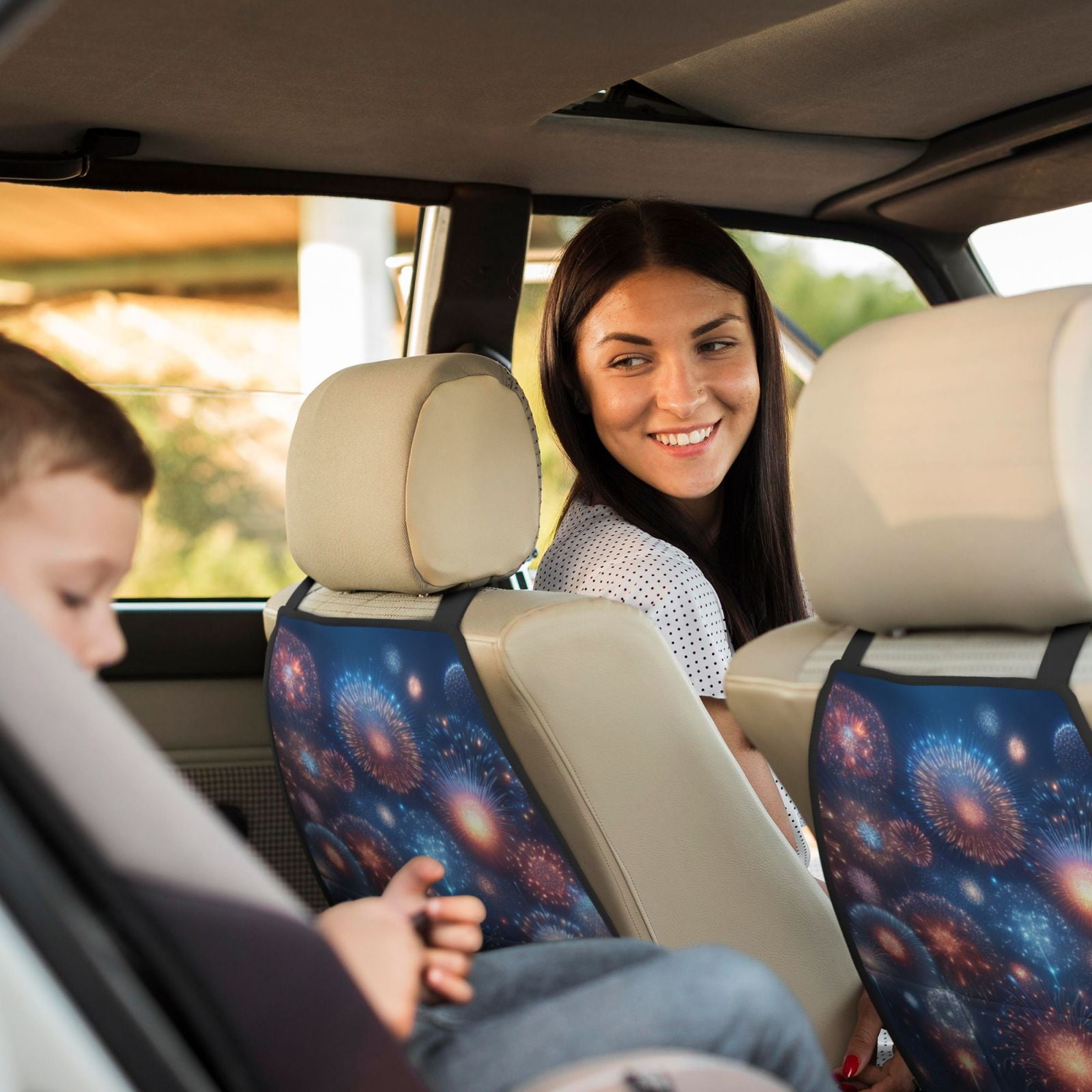 Xecao Fireworks1 Pattern Car Seat Back Protector 2 Pack Large Capacity Pocket, Kick Mats Back Seat Protector