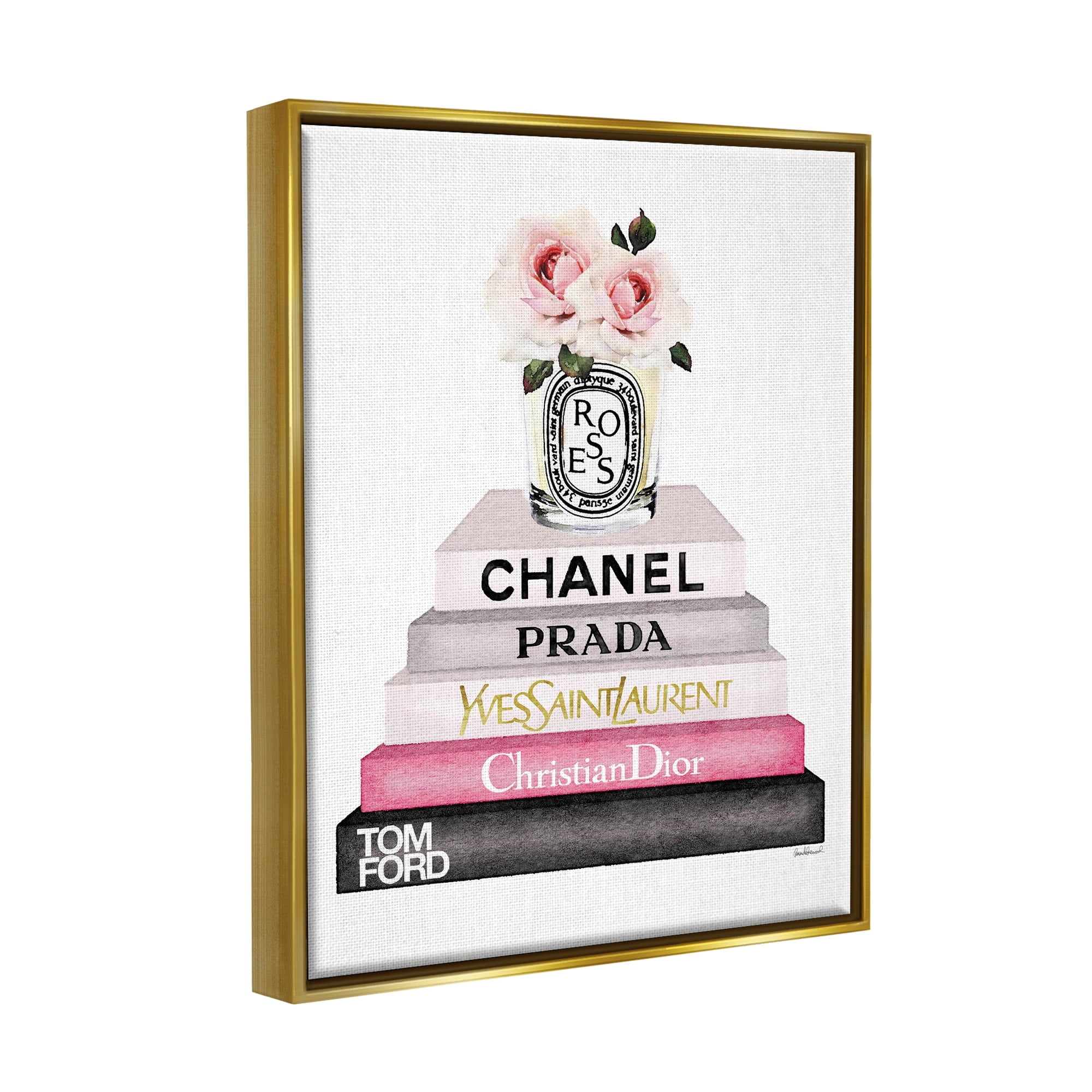 Stupell Industries Book Stack Fashion Candle Pink Rose Metallic Gold Framed Floating Canvas Wall Art, 24x30, by Amanda Greenwood