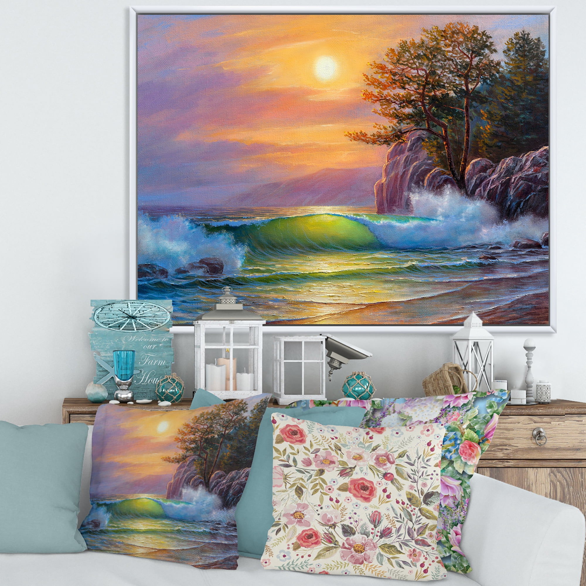 Designart 'Sunrise On Sea Waves By The Pine Trees' Nautical & Coastal Framed Canvas Wall Art Print