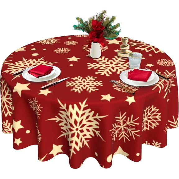 Snowflake Tablecloth Christmas Holiday Tablecloth Round Tablecloth 60 Inch Washable Table Covers Reused Red Tablecloth Home Parties Holiday Dinner Party Dining Room Table Decor