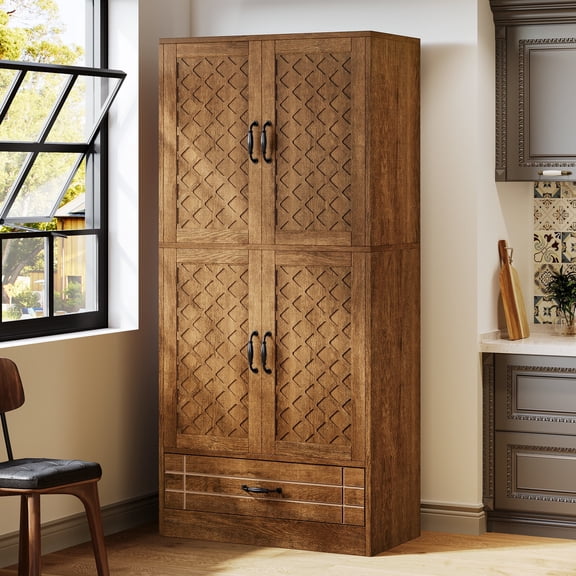 Fnova 70.08" Farmhouse Cabinet, Tall Storage Cabinet Sideboard with Open Top Shelves, Double-Door Hidden Shelving, Bottom Drawer, for Dining Room/Kitchen/Home Office, Easy Assembly