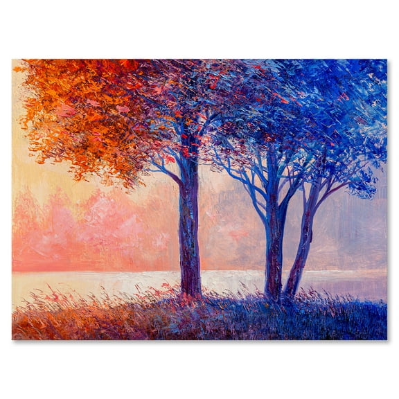 Designart ' Colorful Autumn Forest Trees Along Beautiful River ' Lake House Canvas Wall Art Print