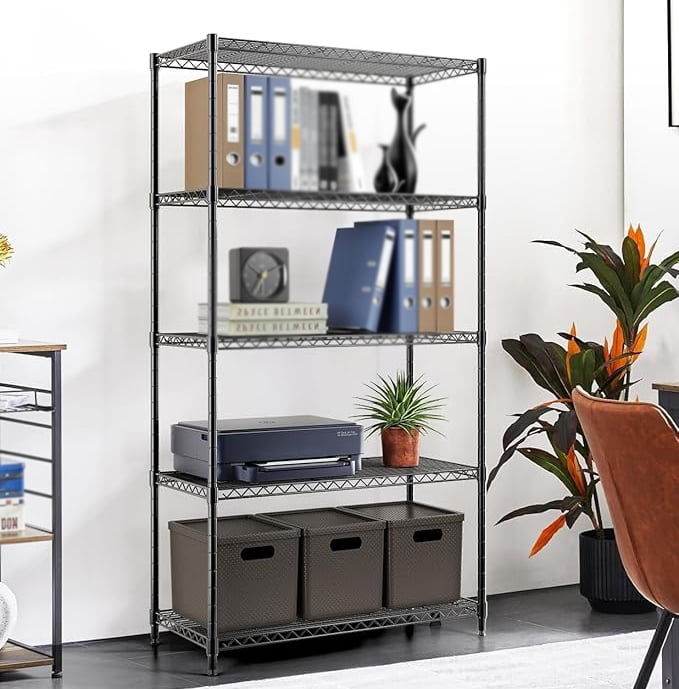 5-Tier Wire Storage Shelves,1250 Lbs Loading Capacity,29.92" W x 13.98" D x 61.02" H,Black