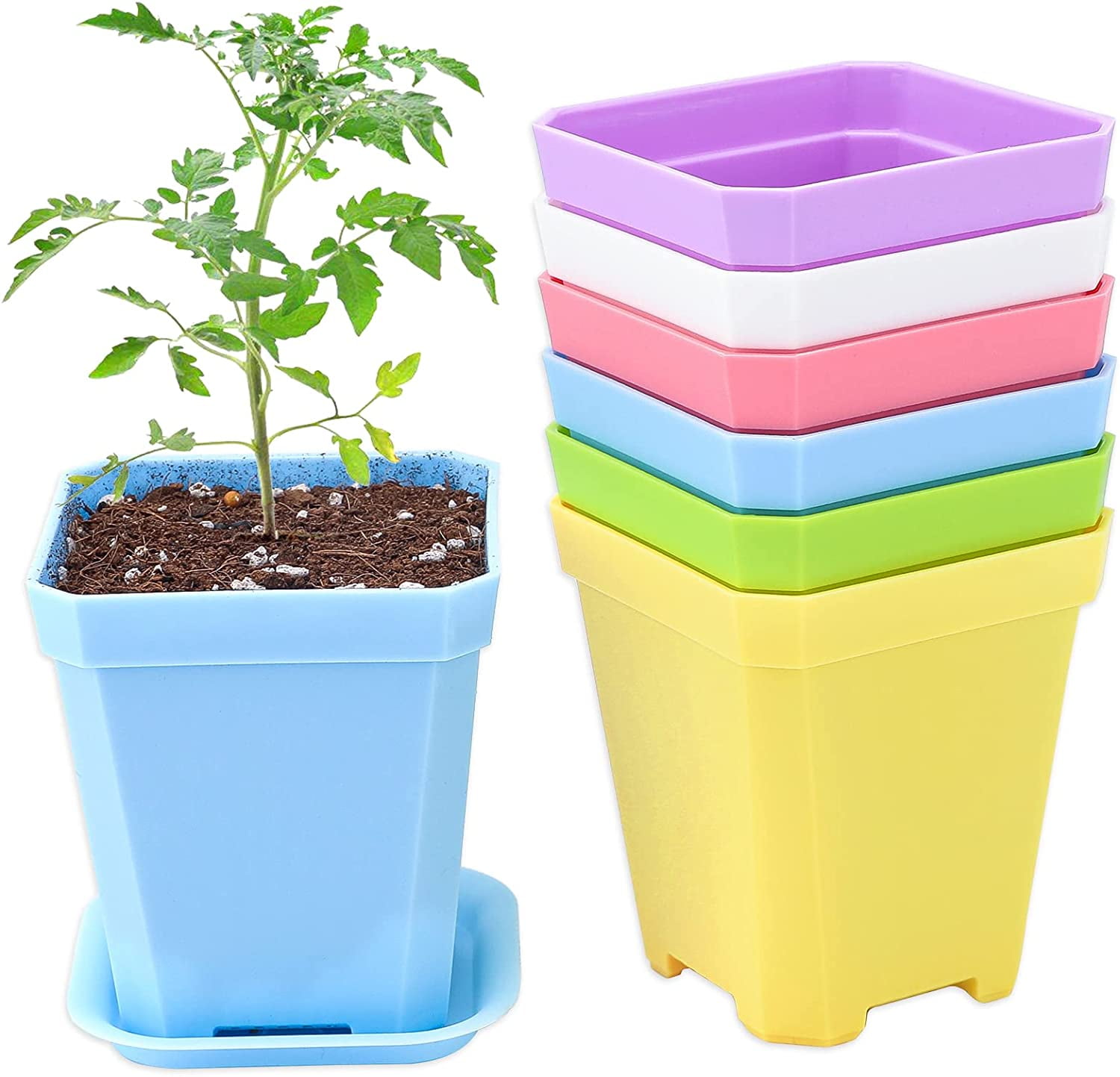 16 Pcs 3Inch Plastic Square Plant Pots with Trays, Small Coloured Nursery Flower Pots,Thick Seed