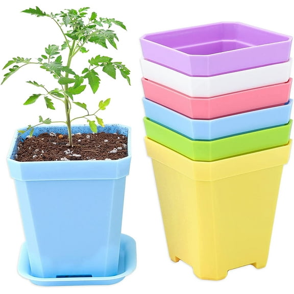 16 Pcs 3Inch Plastic Square Plant Pots with Trays, Small Coloured Nursery Flower Pots,Thick Seed Seedling Pots for Vegetables Cuttings Succulent Cacti Herbs(Multi color )