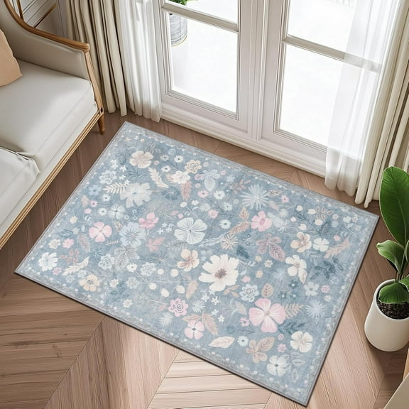 Washable Rugs 2x3 Throw Rugs for Entryway Non Slip Stain Resistant Doormat Light Blue Low Pile Faux Fur Farmhouse Floral Area Rugs for Front Door Kitchen Bed Bedside Pet Home Decor