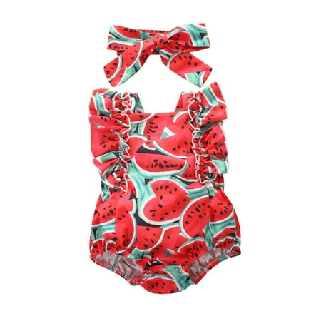 

Infant Baby Girls Summer Flying Sleeveled Romper Fashion Watermelon Print Sling One Piece Romper Baby Summer Triangle Creeper