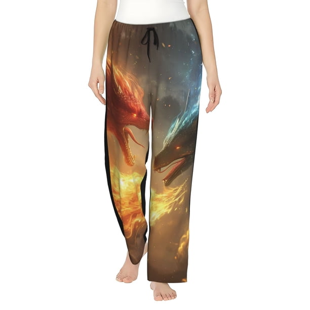 Fotbe Red And Blue Fire Dragon B Pantalones de Pijama para Mujer, Pantalones de Dormir, Pantalones Pj con Cordón y Bolsillos-Small