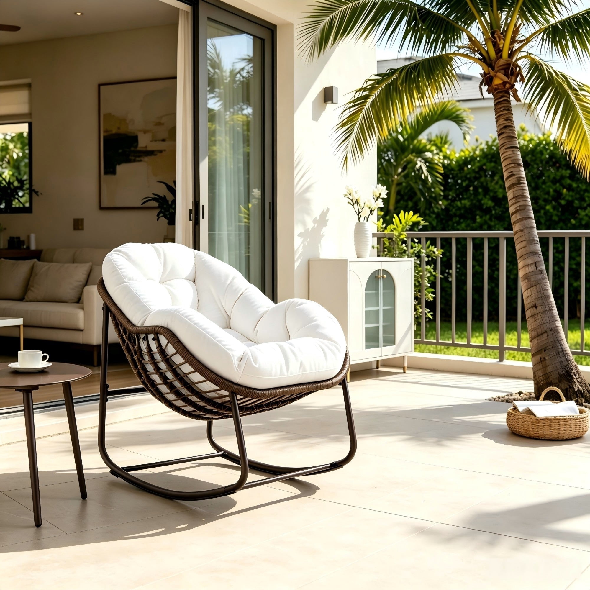 Sailvan Outdoor Rattan Rocking Chair,Oversized Wicker Egg Chair for Patio,Front Porch and Living Room White