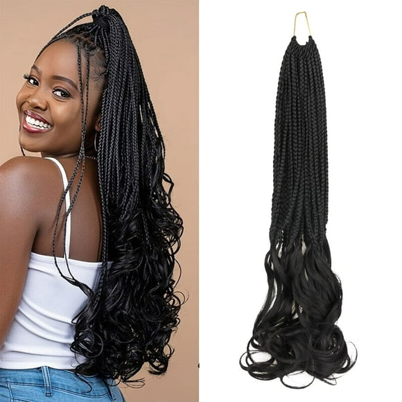 French Curl Crochet Braids for Black Women-18 Inches 8 Packs Goddess Box Braids,Natural Black Soft Pre Looped Braided Synthetic Hair Extensions with Curly Wavy Ends(18""-8 Packs,1B#)