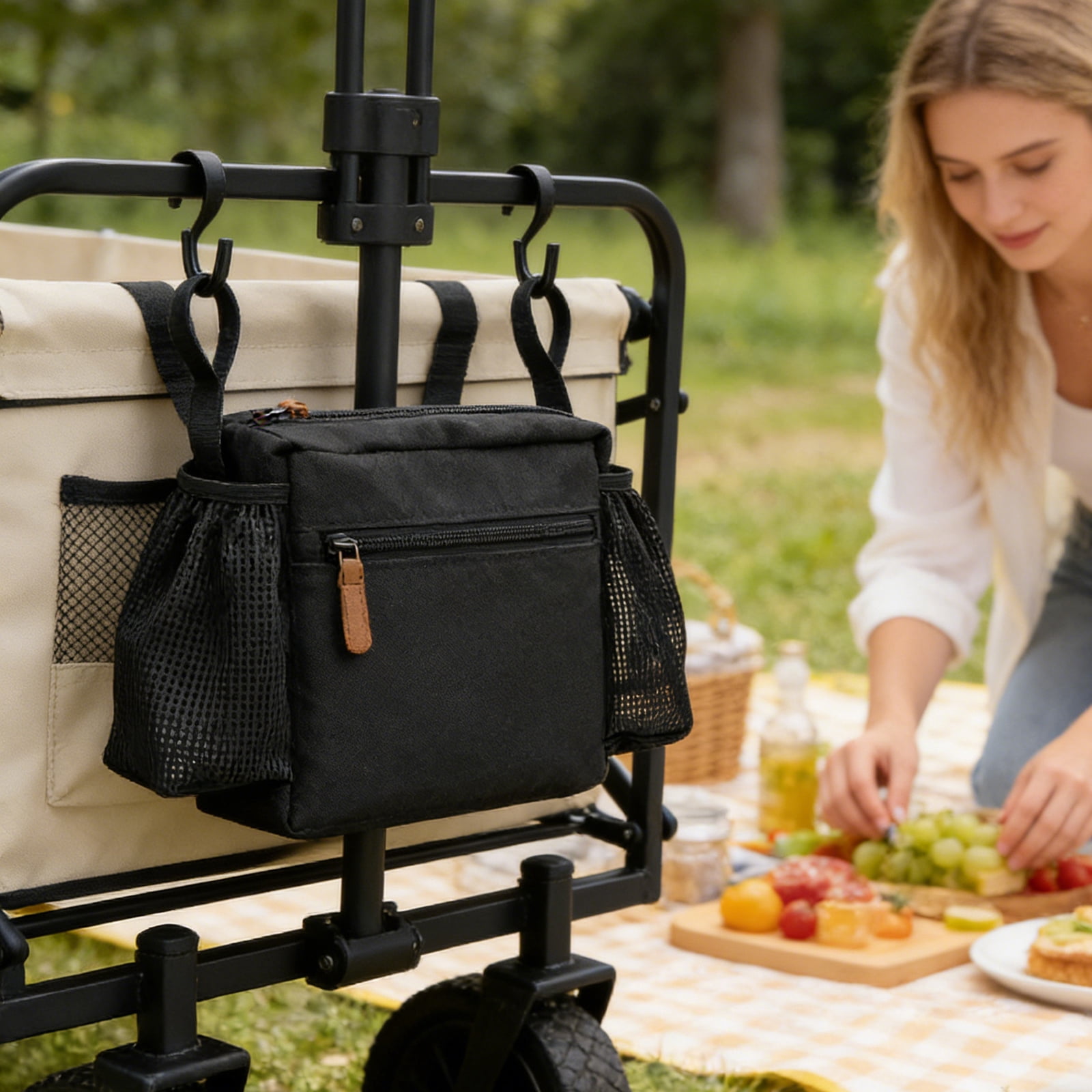 Pet Cart Hanging Basket Bag for Large Dogs, Multiple Pockets for Storage, Portable Stroller Accessory Bag for Outdoor Use, Heavy-Duty Organizer
