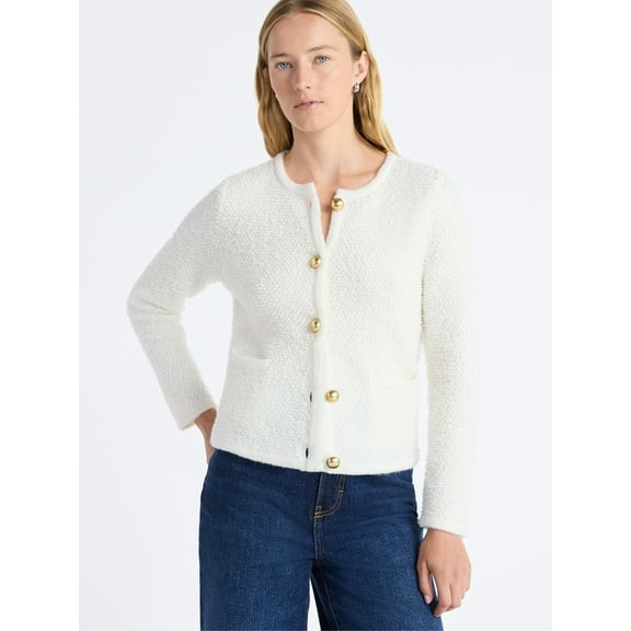 Free Assembly Women's Nubby Cardigan with Welt Pockets, Midweight, Sizes XS-XXL