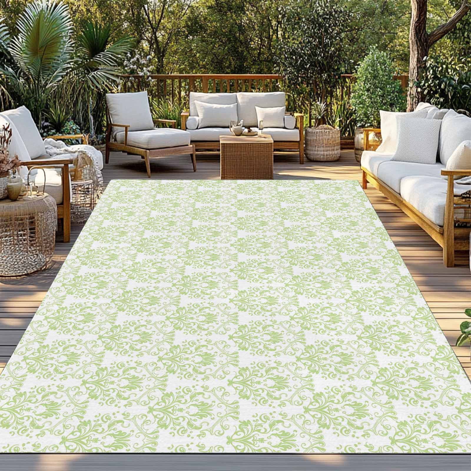 Green Baroque Outdoor Rug 4x6 Ft - Reversible Patio Rug Outdoor Camping Rugs, Abstract Art Floral Pattern Washable Indoor Outdoor Area Rugs, Non-Slip Outdoor Carpet Runner for Deck/Porch