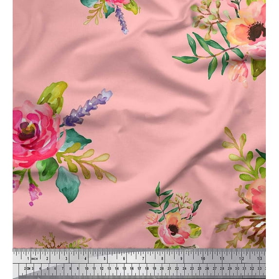 Soimoi Georgette Viscose Fabric Leaves & Anemone Flower Print Sewing Fabric Yard 42 Inch Wide